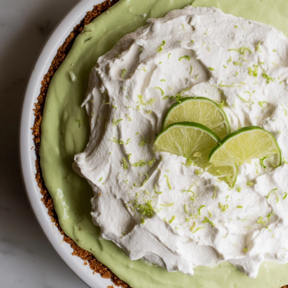 Vibrant Green Key Lime Pie garnished with thin lime slices and a dollop of whipped cream, ready to be served chilled.