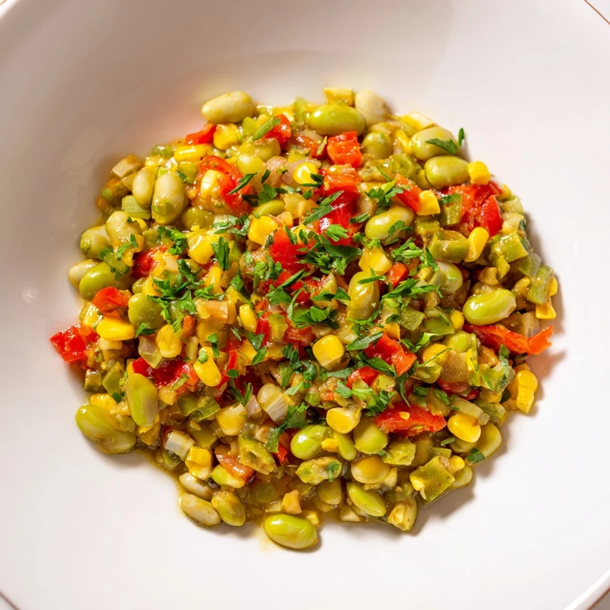 Freshly cooked Creole Succotash with lima beans and sweet corn steams in a skillet, garnished with vibrant diced bell peppers and parsley.