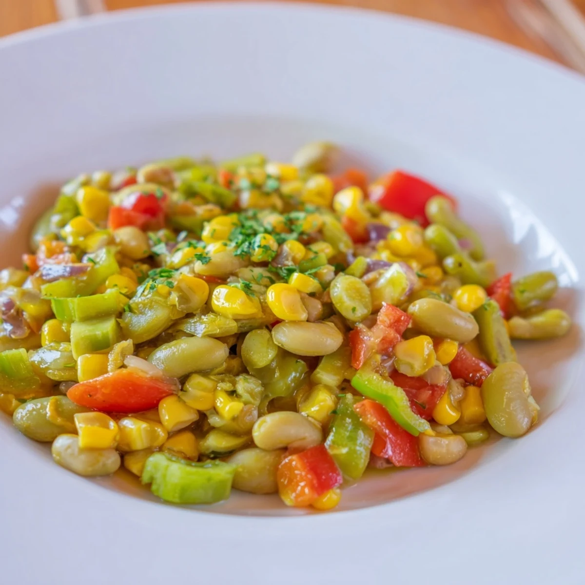 Colorful Creole Succotash featuring tender lima beans, corn, and red pepper flakes is served warm alongside grilled chicken for a hearty Southern meal.