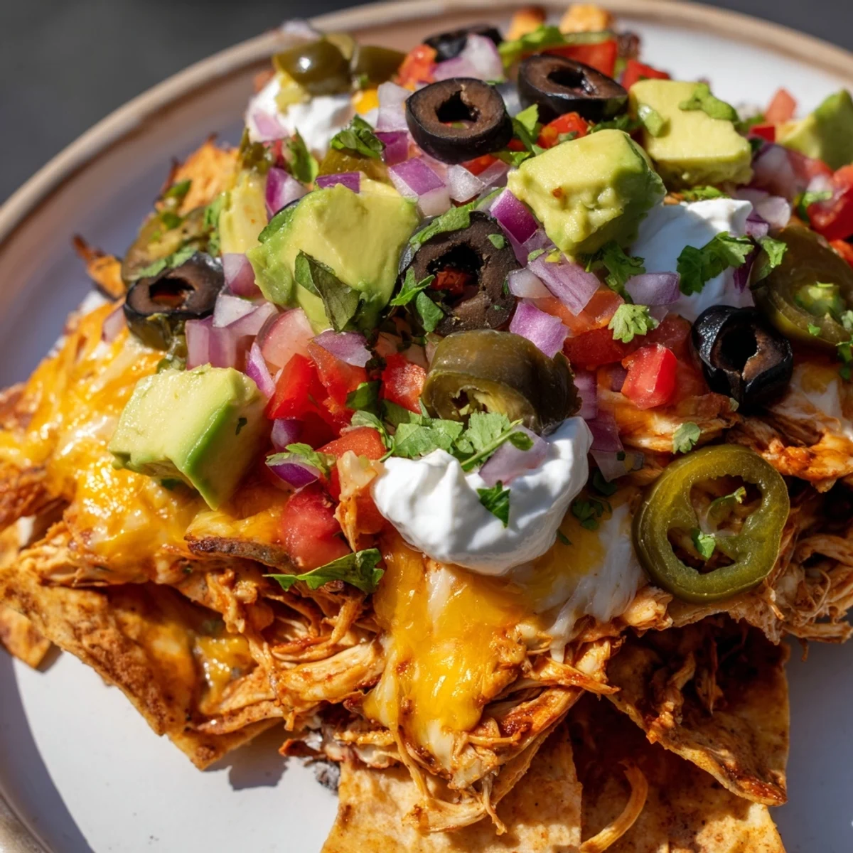 Crispy tortilla chips piled high with tender pulled chicken and melted cheese, the MVP Pulled Chicken Nachos ready to serve with lime wedges.