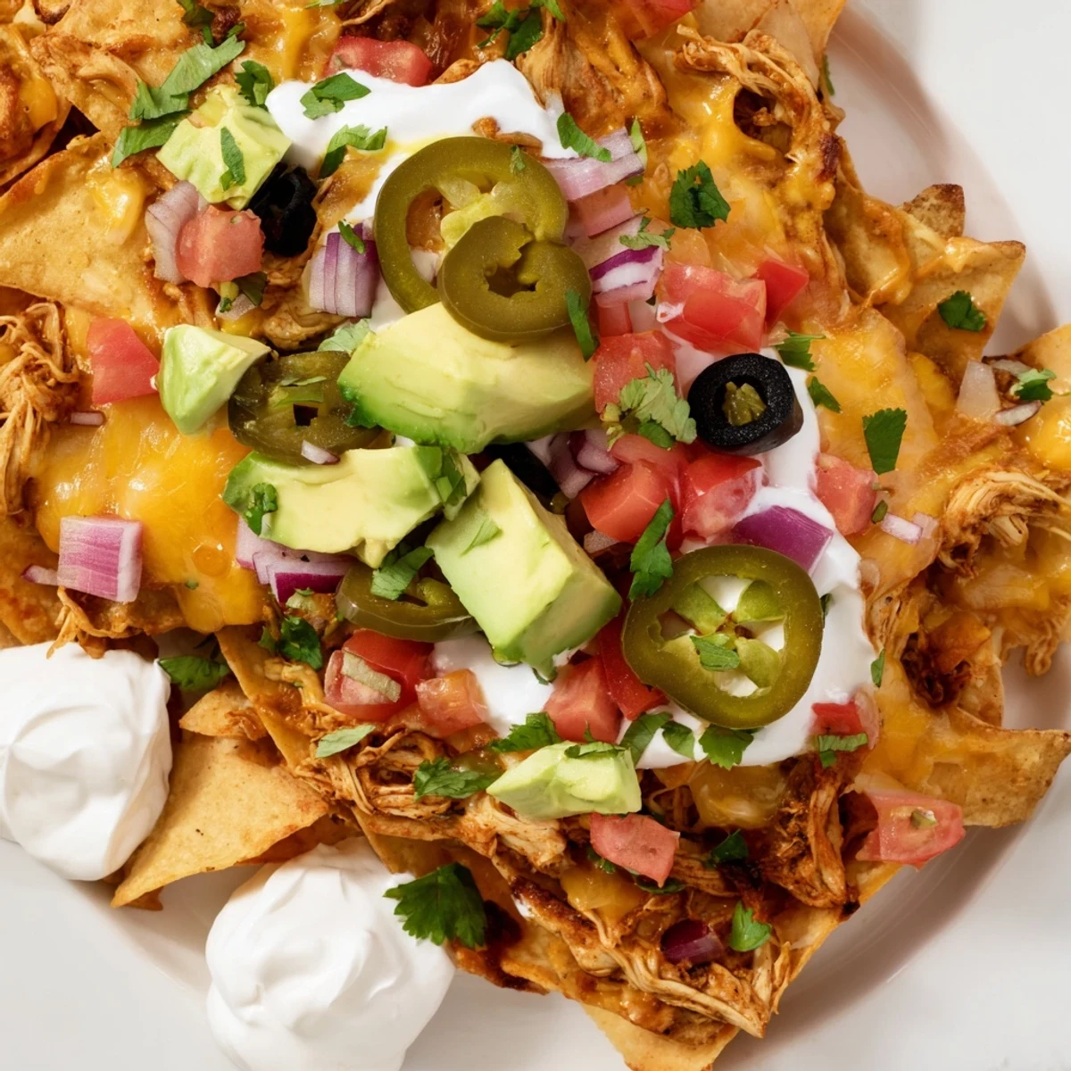 Fresh diced avocado and jalapeños garnish the MVP Pulled Chicken Nachos, baked until golden and melty for a crowd-pleasing game day platter.