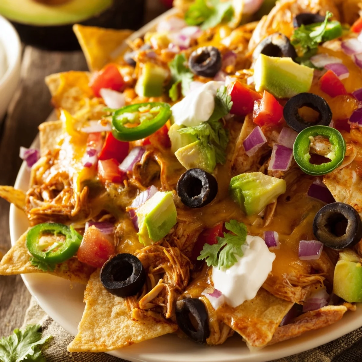 Juicy pulled chicken, cheddar, and Monterey Jack cheese top the MVP Pulled Chicken Nachos, paired with sour cream and colorful fresh toppings.