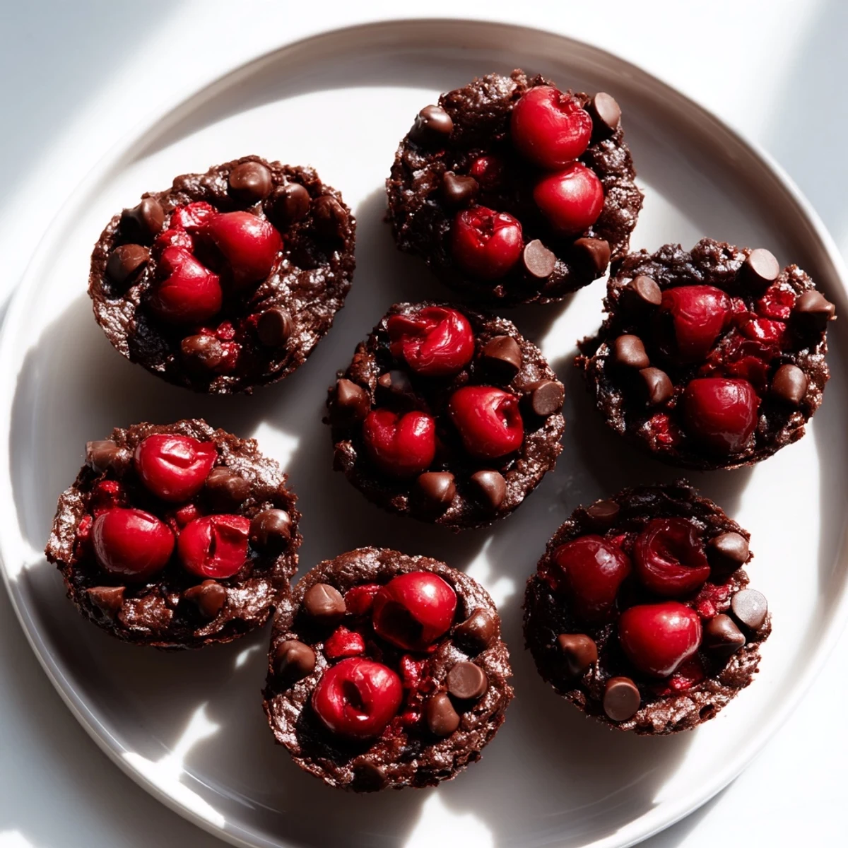 Decadent Chocolate Cherry Brownie Bites with melted dark chocolate chips and fresh cherries on a marble surface.