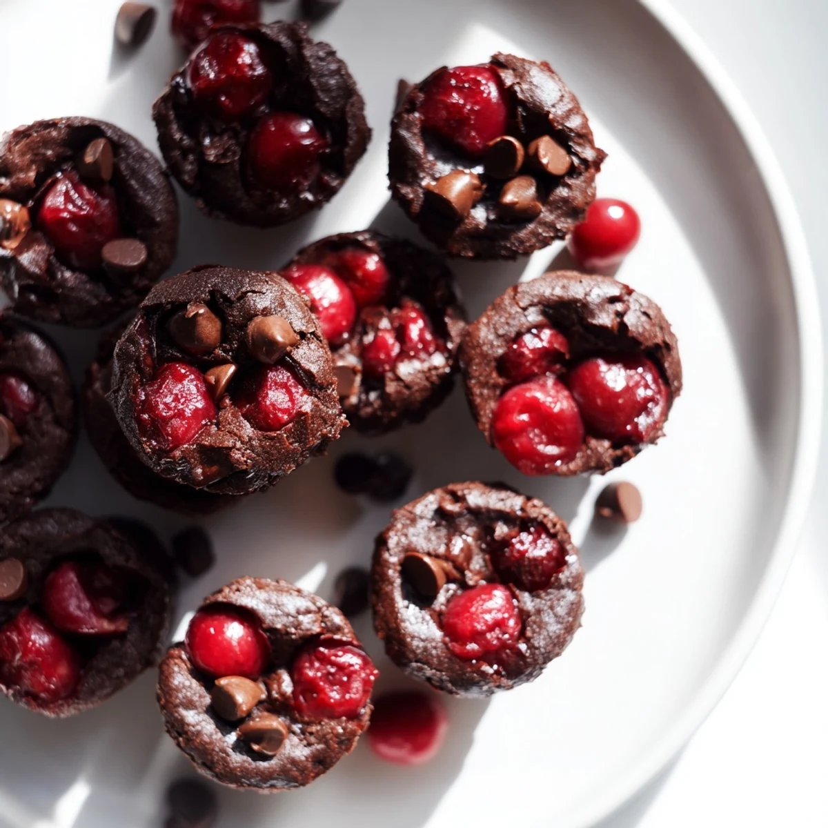 Freshly baked Chocolate Cherry Brownie Bites stacked on a white plate, showcasing a fudgy texture and red fruit.
