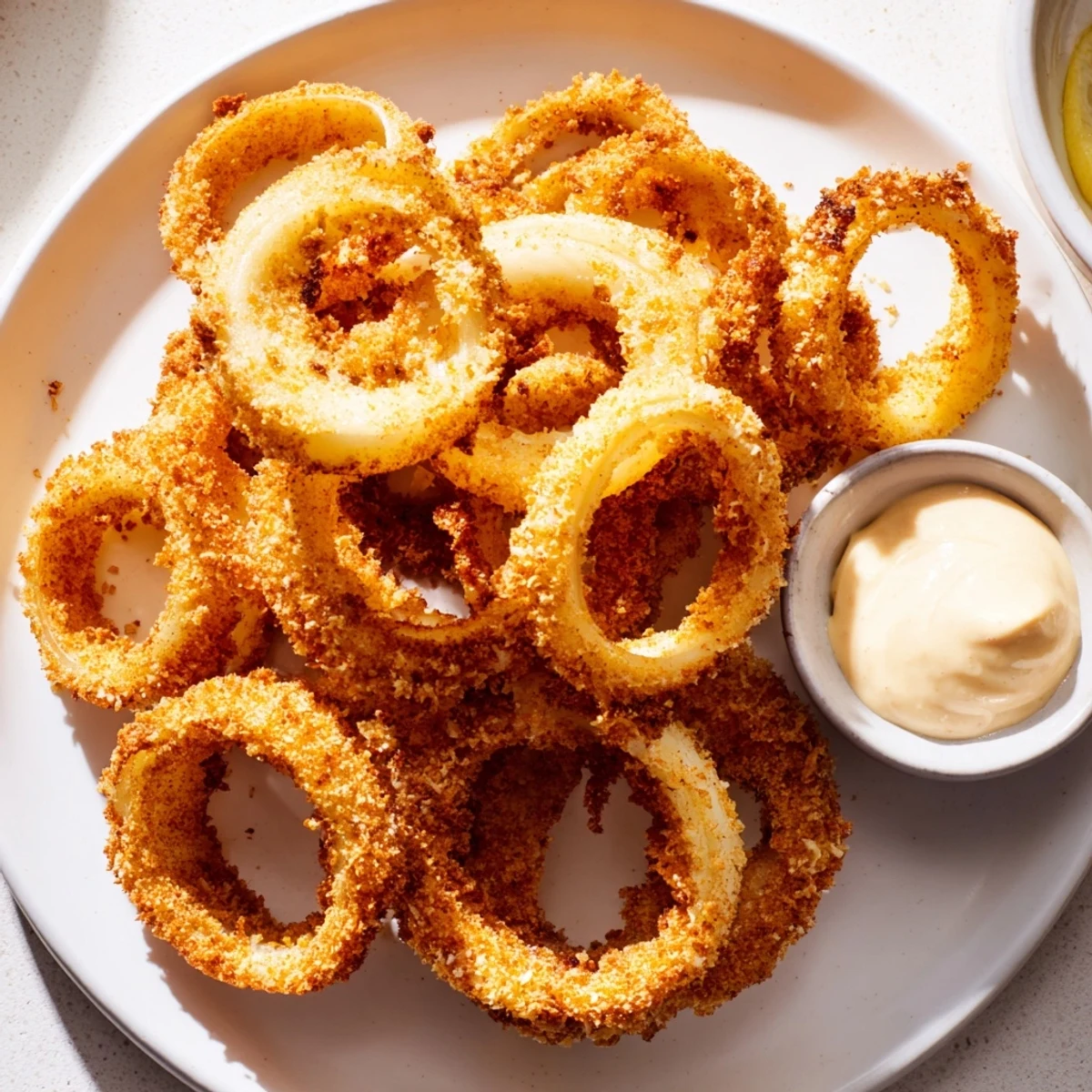 A platter of Crispy Air Fryer Onion Rings with Chipotle Mayo, garnished with fresh lime wedges.
