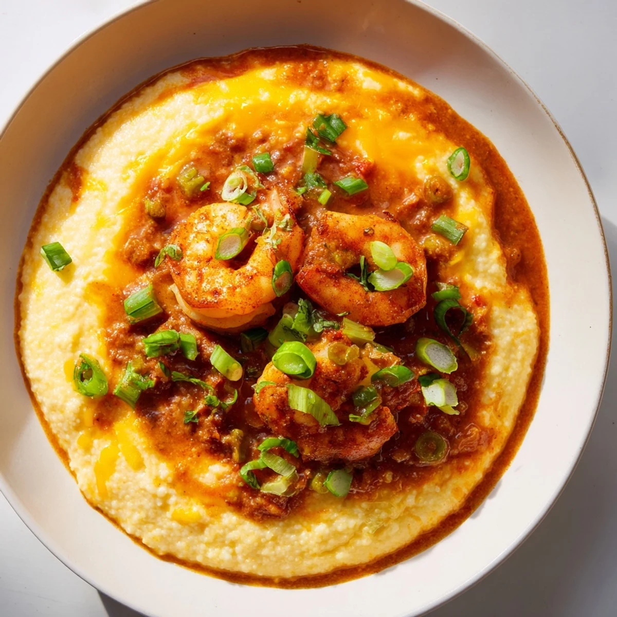 Four servings of Southern Creole shrimp and grits in a rustic bowl, vibrant with tomato and green onion.