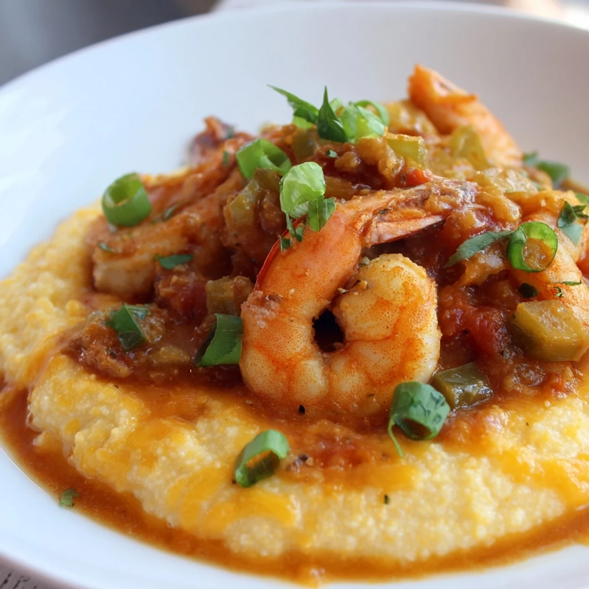 Creamy stone-ground grits topped with Creole shrimp in a spicy tomato gravy garnished with fresh parsley.