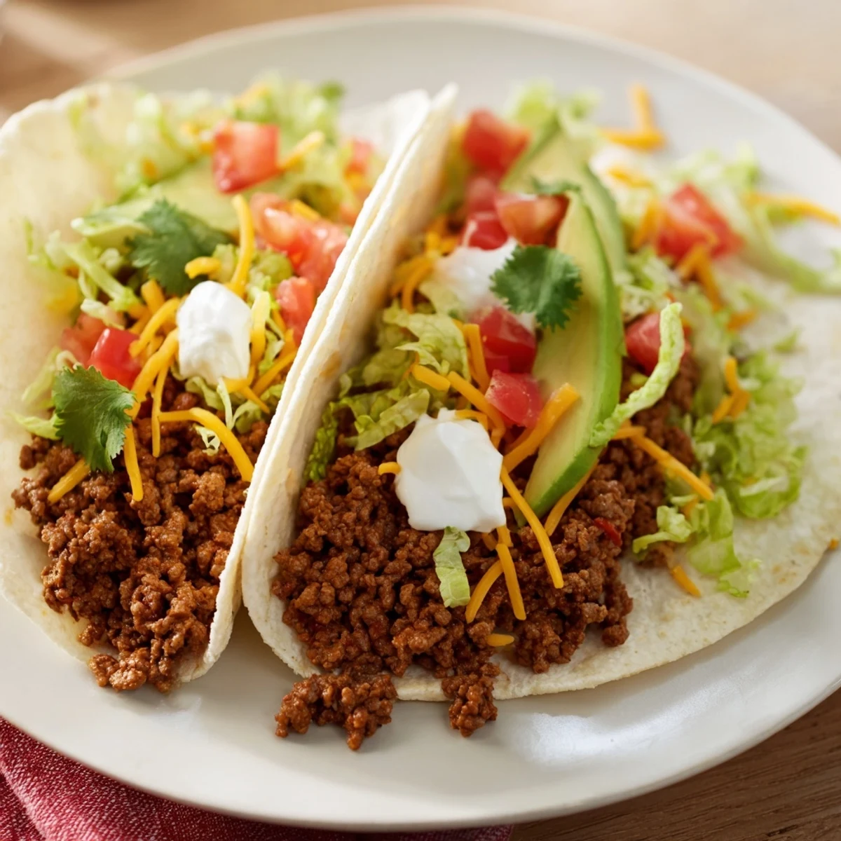 Warm beef tacos with homemade taco seasoning, topped with fresh lettuce, diced tomatoes, and shredded cheddar cheese.