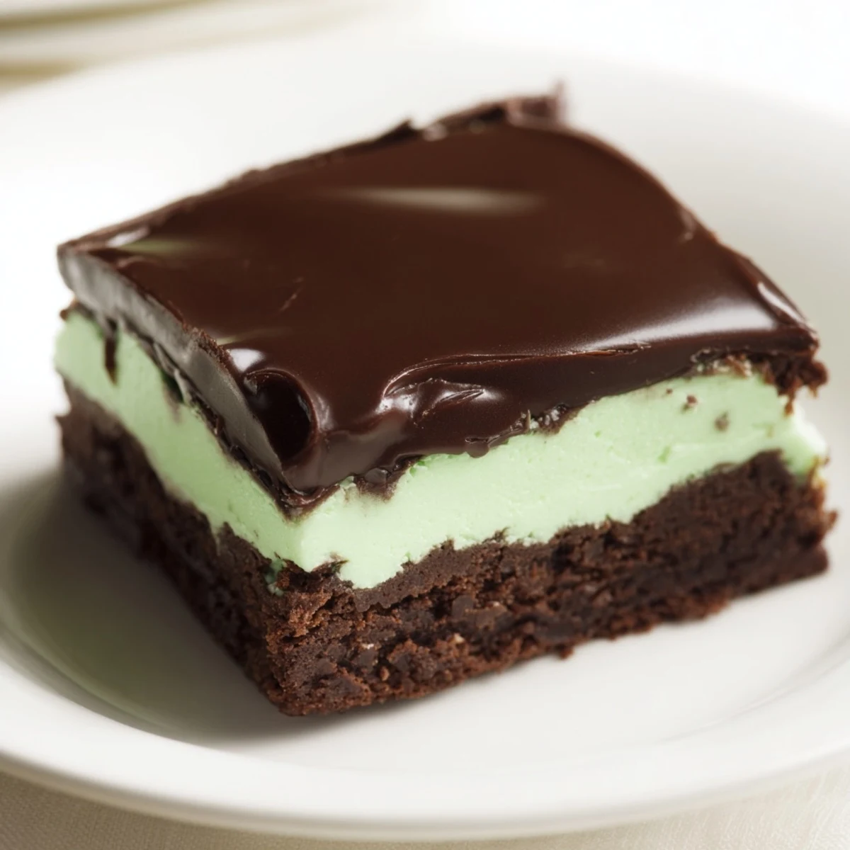 A close-up of Shamrock Mint Brownies with Chocolate Ganache, showcasing fudgy layers and a glossy finish on a wooden board.  