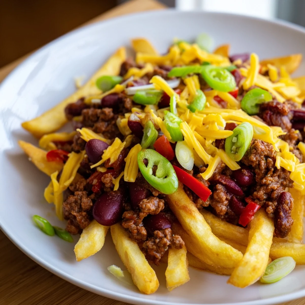 Crispy golden fries smothered in homemade beef chili and melted cheddar cheese, served hot as a hearty appetizer.