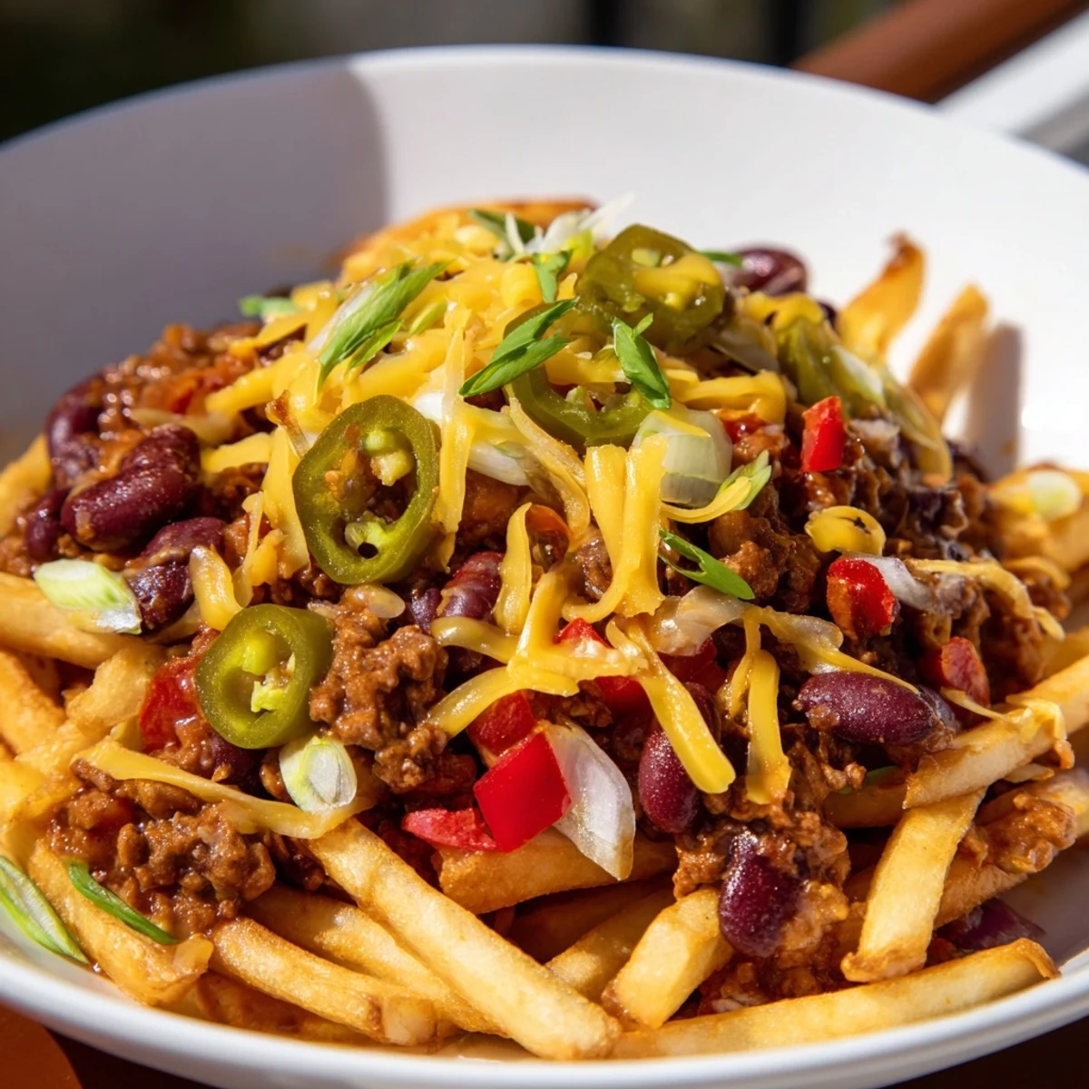 Chili Cheese Fries with Ground Beef topped with fresh jalapeños and sour cream for a spicy kick.