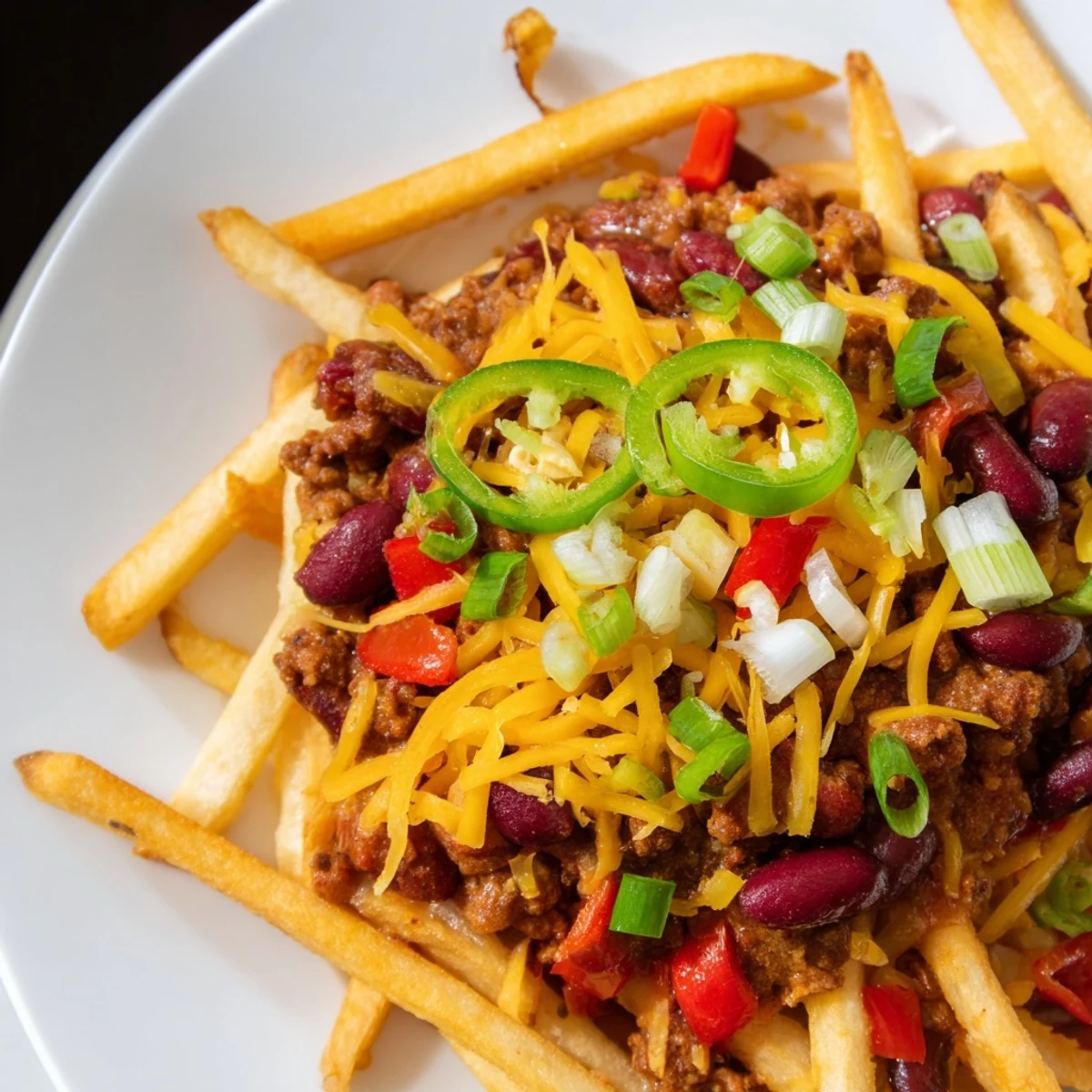 Loaded Chili Cheese Fries with Ground Beef, garnished with scallions and cilantro, ready for game day.