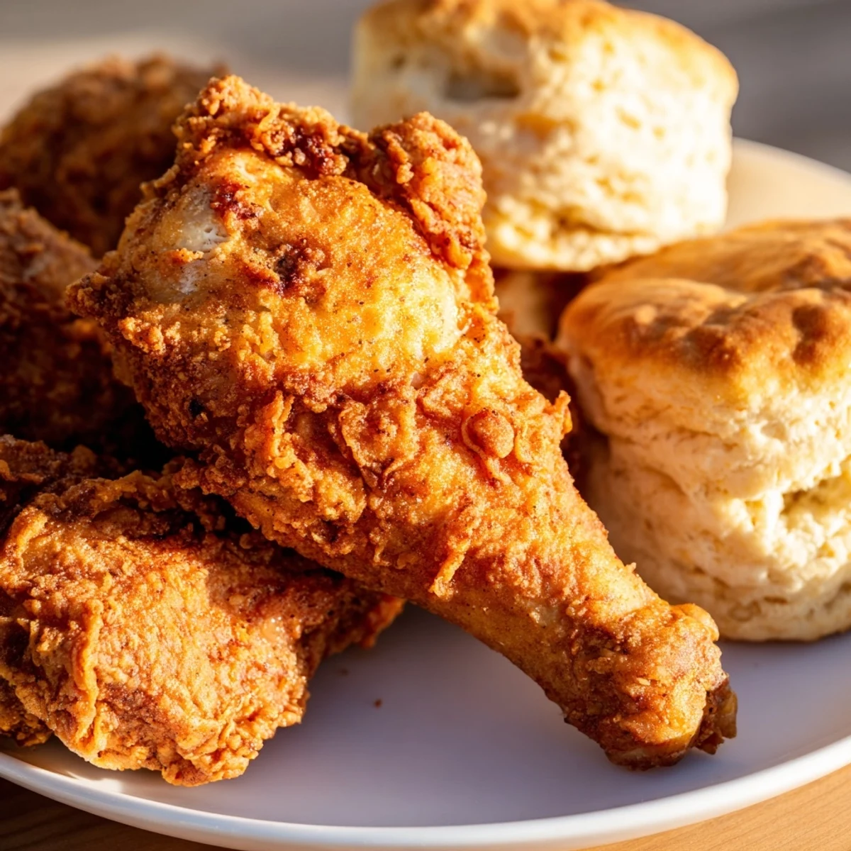 Golden-brown Southern fried chicken with crispy skin rests beside fluffy, freshly baked buttermilk biscuits on a rustic plate.  