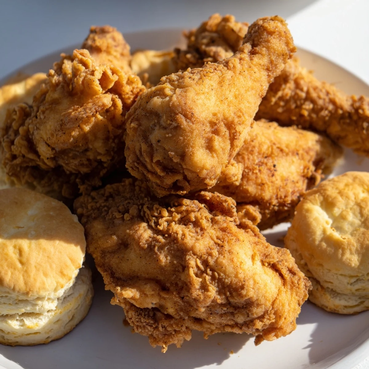 Homemade Southern fried chicken and biscuits, garnished with fresh thyme and served family-style on a wooden board.