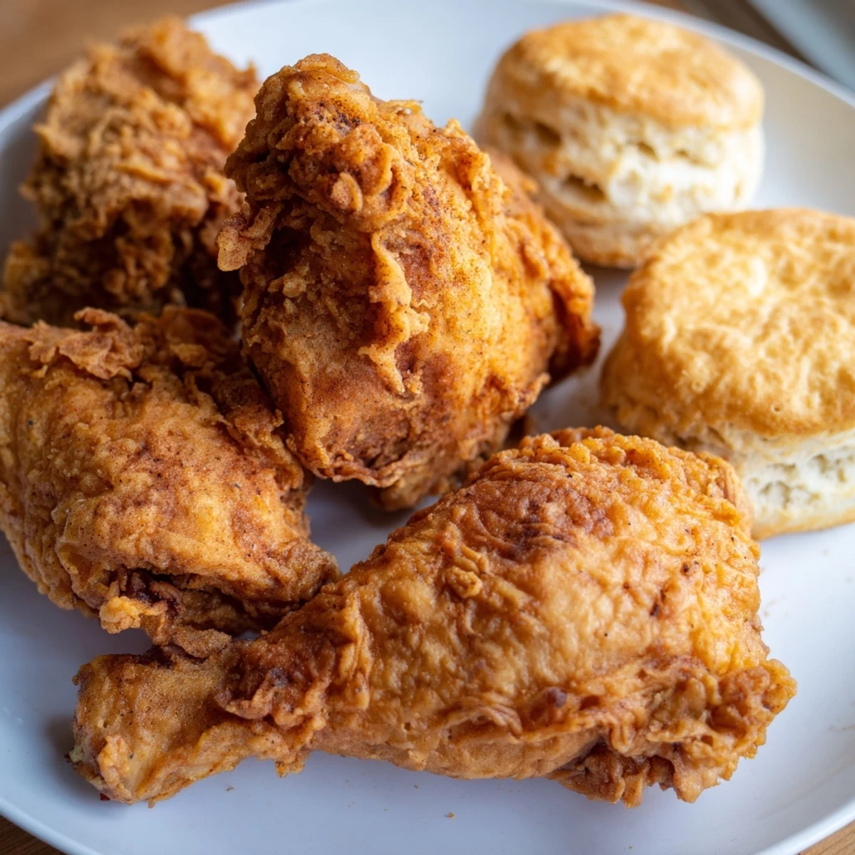 A close-up of juicy fried chicken and buttery biscuits, drizzled with honey and served with a glass of sweet tea.  