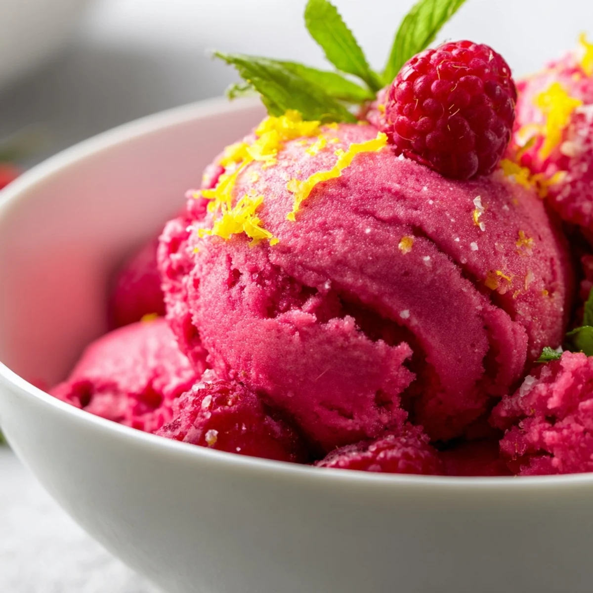 Vibrant pink sorbet swirled in a clear bowl, highlighting the tangy lemon and sweet raspberry flavors of this easy vegan treat. 