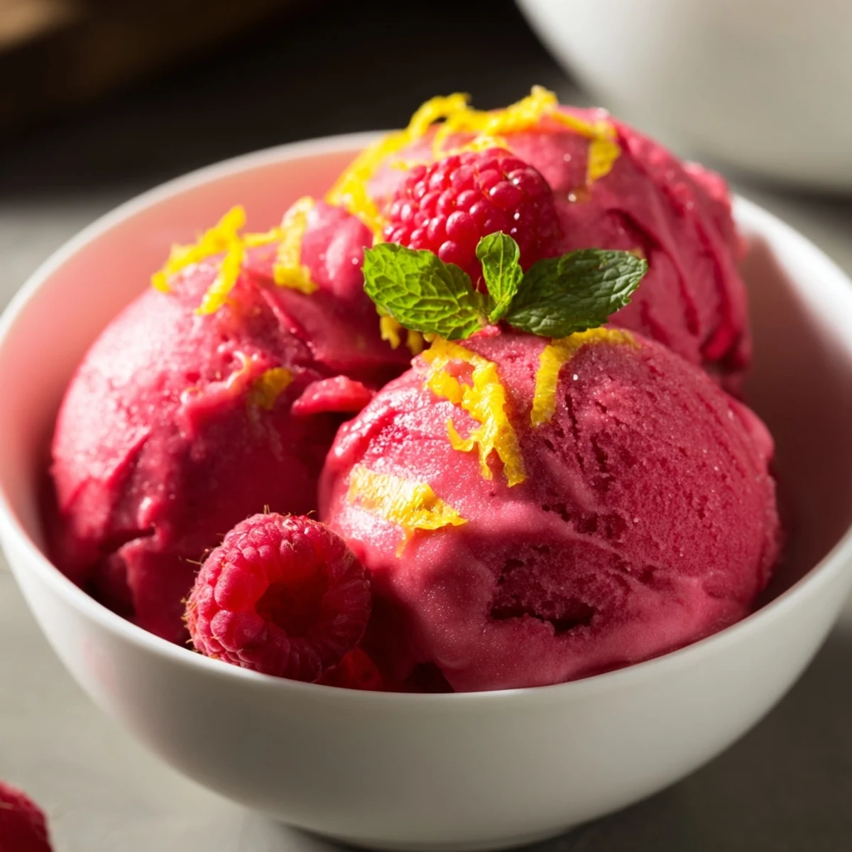 A scoop of Pink Raspberry Lemonade Sorbet in a chilled glass, garnished with fresh raspberries and a mint leaf for a refreshing summer dessert. 