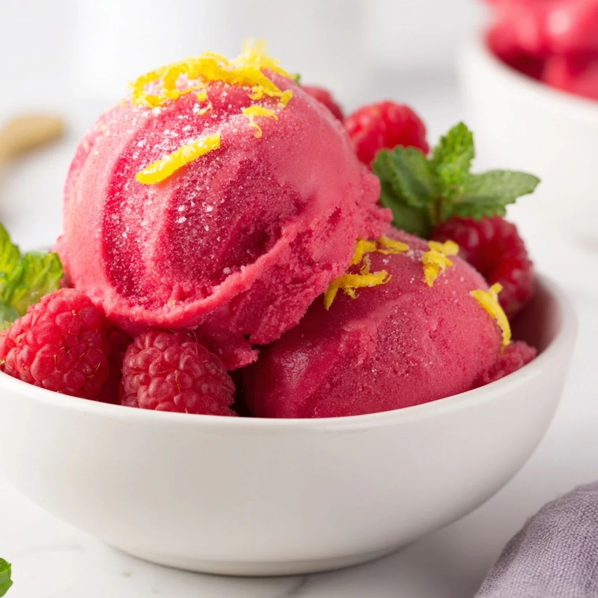 Pink Raspberry Lemonade Sorbet served in a cone with a lemon wedge, perfect for a dairy-free, palate-cleansing dessert after dinner.