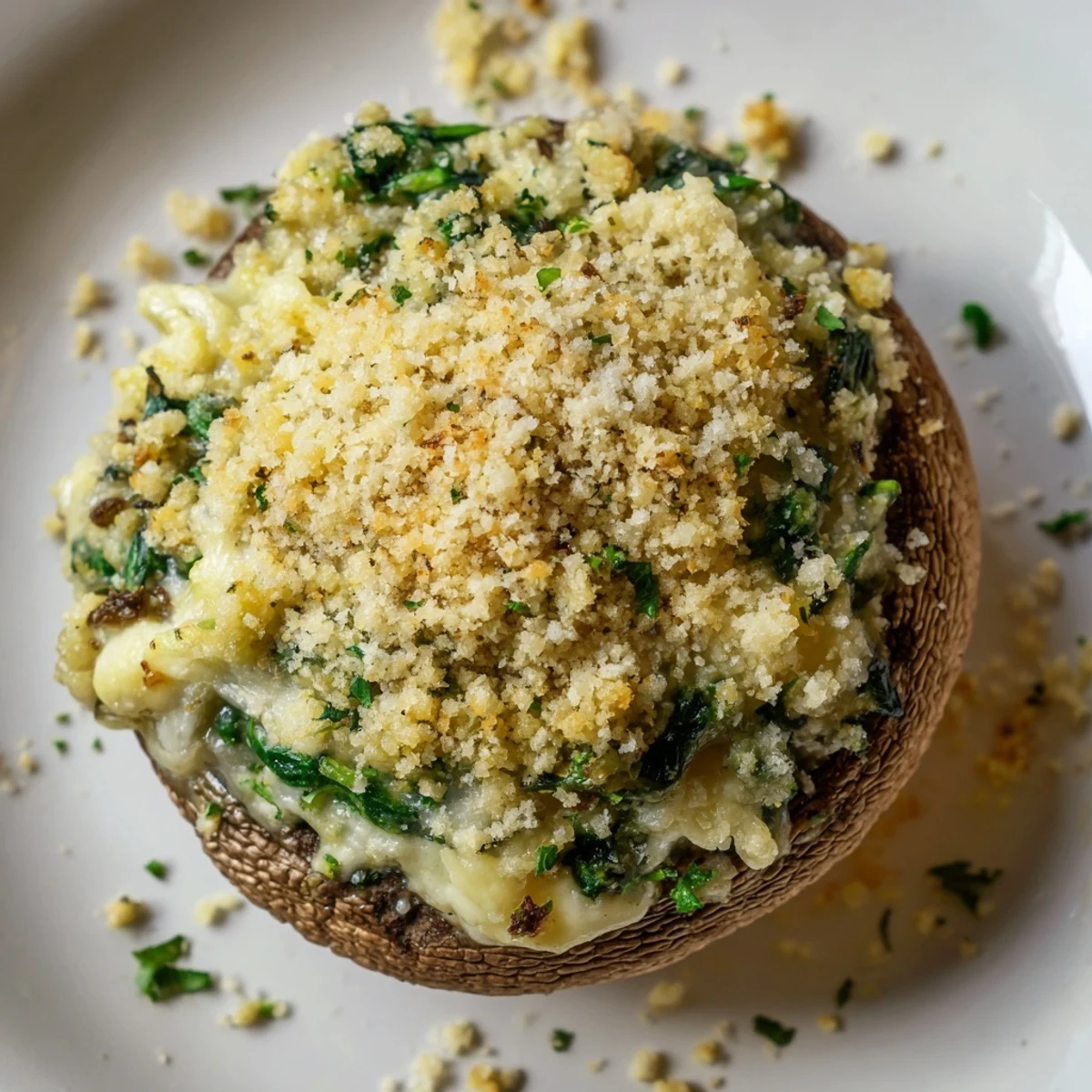 Golden-baked Vegetarian Stuffed Mushrooms with Spinach and Cheese, featuring a creamy, herb-infused filling and a crispy Parmesan topping.  