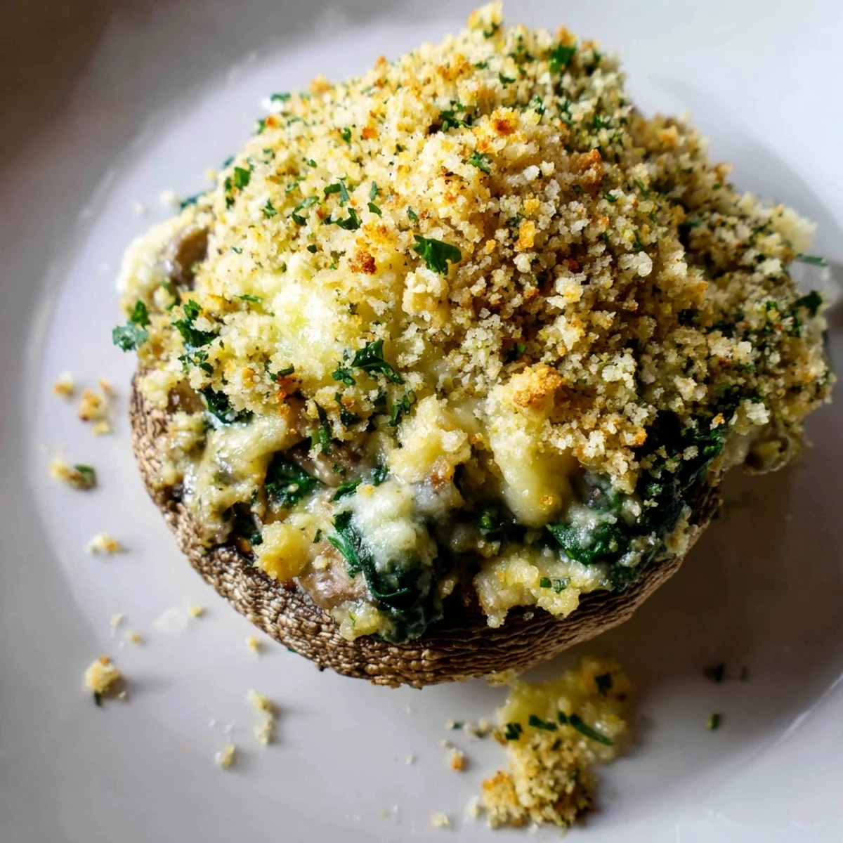 Freshly baked Vegetarian Stuffed Mushrooms with Spinach and Cheese with golden edges and a bubbling, melted cheese center ready to serve.