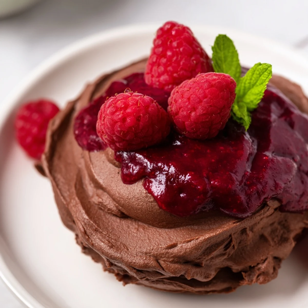 A spoon dips into velvety chocolate mousse topped with a tangy raspberry sauce and fresh berries.