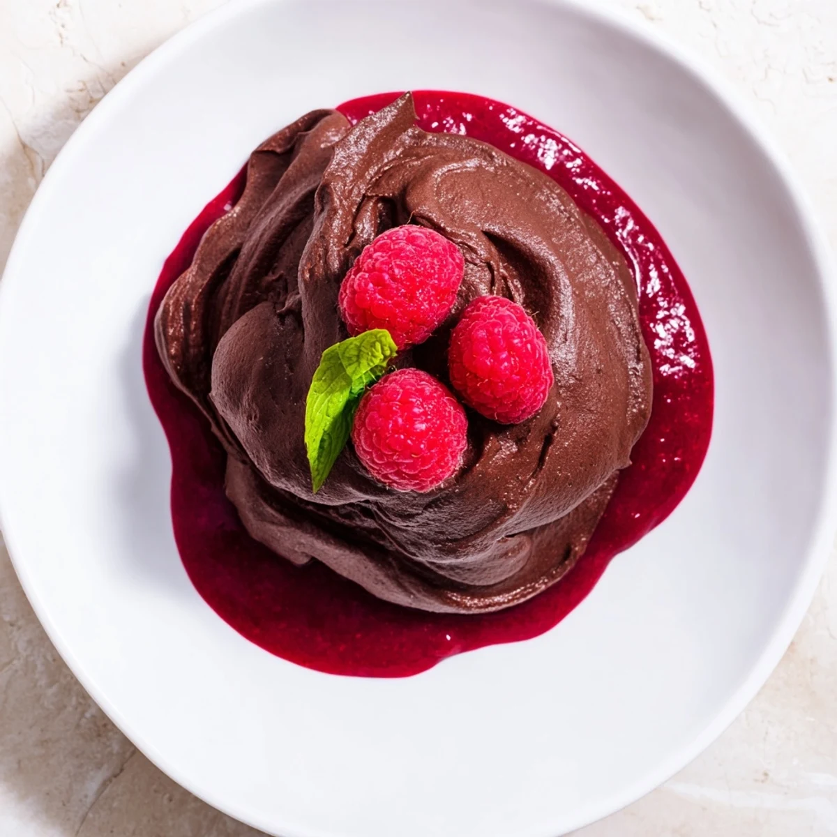 Silky chocolate mousse served in a glass with a vibrant swirl of fresh raspberry coulis and garnish.