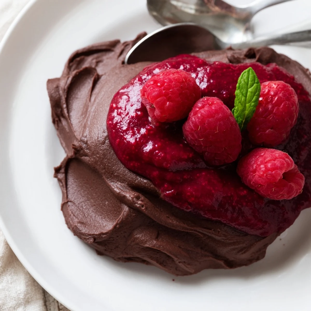 Chocolate mousse dessert layered with bright raspberry coulis, garnished with mint and berries on a rustic table.