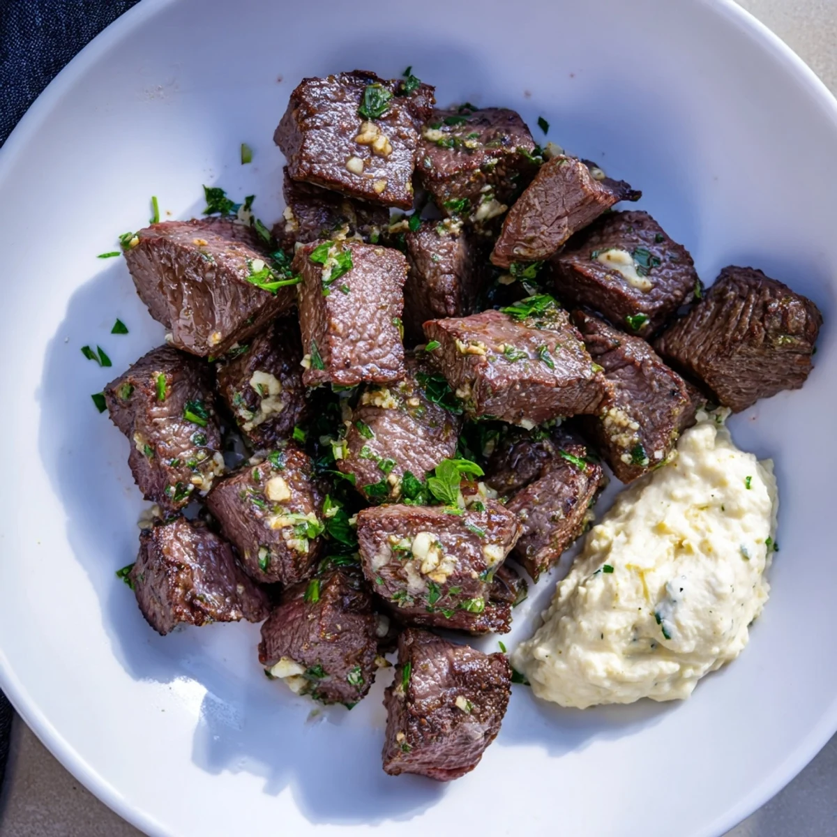 Golden-brown Garlic Butter Steak Bites arranged on a plate with a bowl of zesty horseradish cream for dipping.