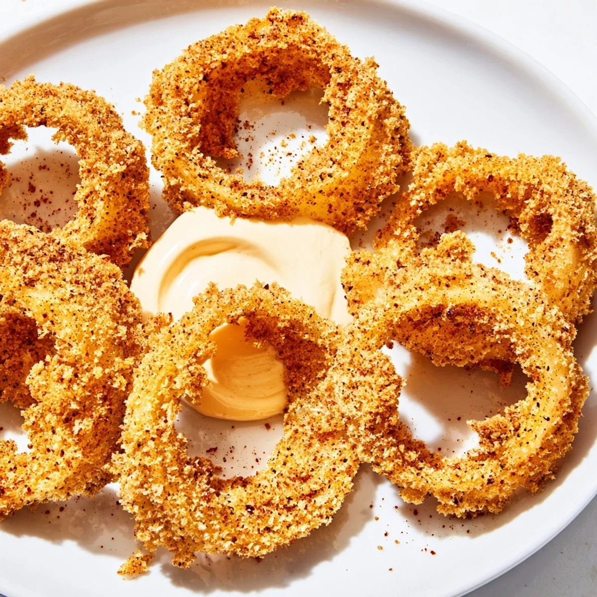 Golden brown crispy air fryer onion rings are stacked high next to a small bowl of spicy chipotle mayo dip. 