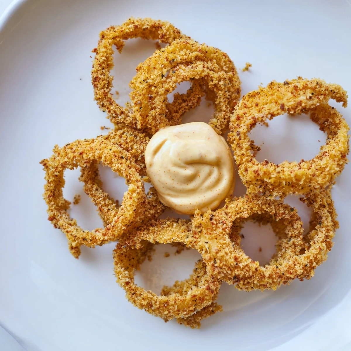A platter of crispy air fryer onion rings with chipotle mayo, garnished with fresh lime wedges and parsley.