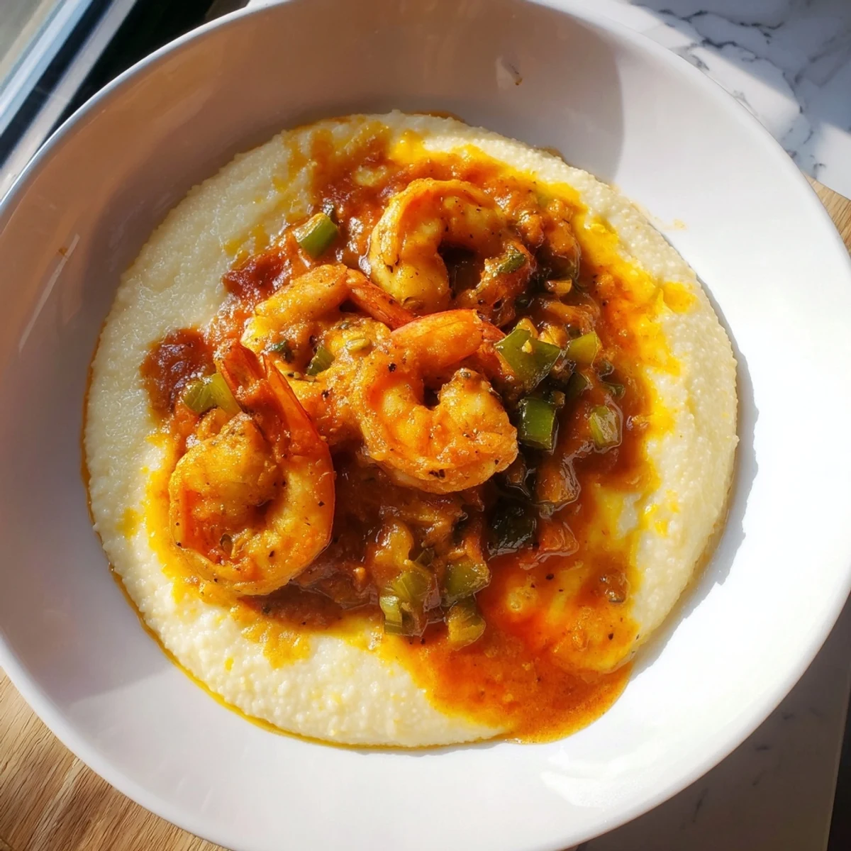 Creamy stone-ground grits topped with Creole Shrimp and Grits in a spicy tomato gravy, finished with fresh scallions.