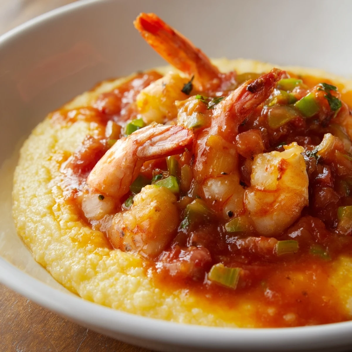 Close-up of Creole Shrimp and Grits featuring pink shrimp and rich spicy tomato gravy, garnished with parsley on creamy grits.
