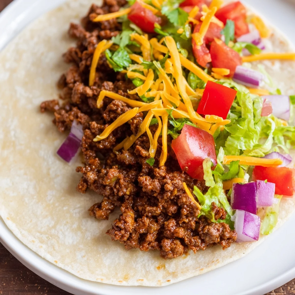 Close-up of juicy seasoned Beef Tacos topped with crisp lettuce, diced tomatoes, and shredded cheddar