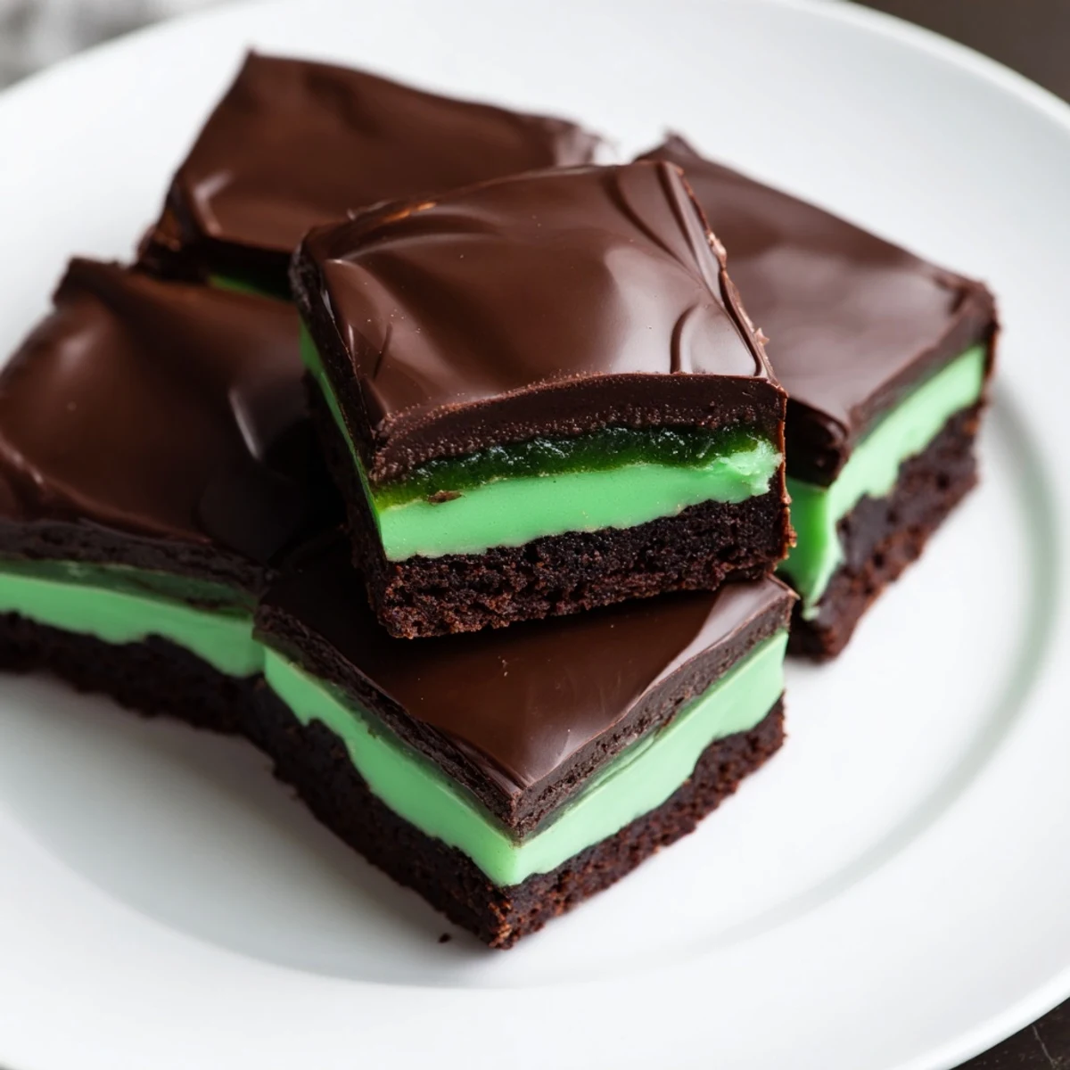 Shamrock Mint Brownies with Chocolate Ganache cut into neat squares on a white plate with fresh mint garnish.