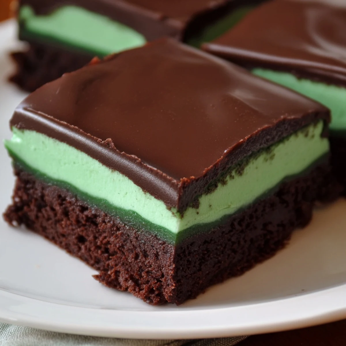 A hand lifts a square of Shamrock Mint Brownies with Chocolate Ganache revealing layered mint cream and chocolate.