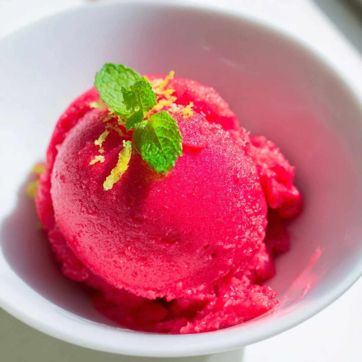 Tart-sweet raspberry lemonade sorbet with a hint of mint, served in a clear glass bowl on a warm summer day.
