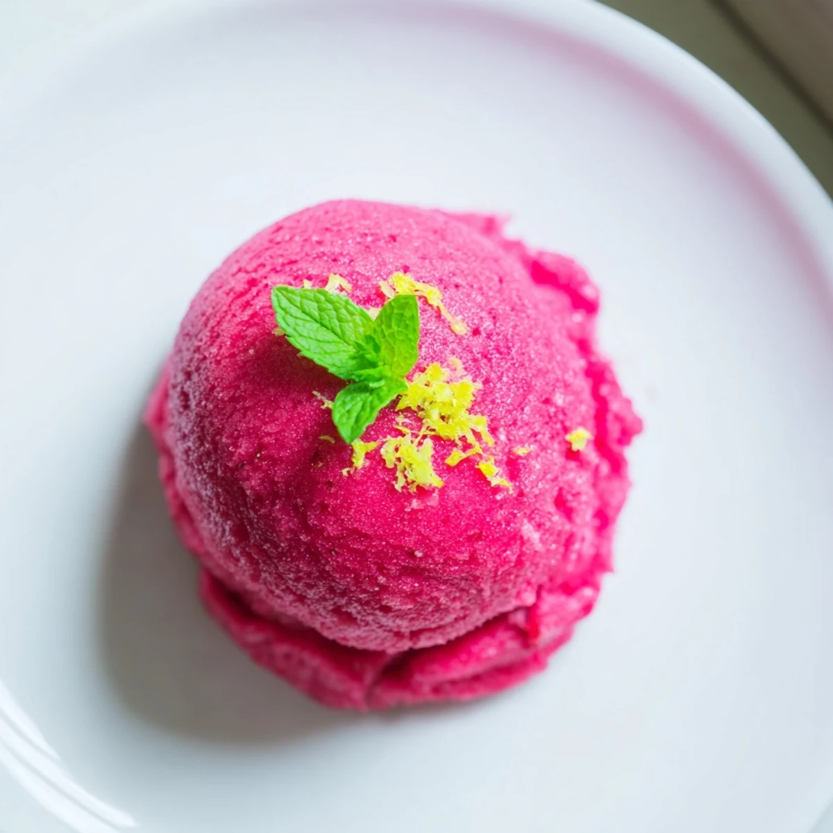 Spoon-ready pink sorbet infused with lemon zest and mint, made from fresh raspberries, ideal for a light vegan dessert.
