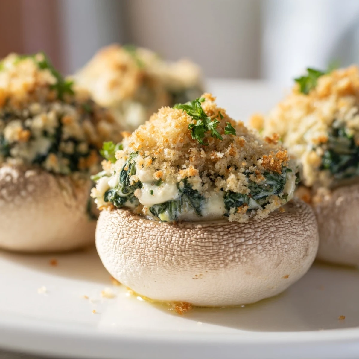 Golden-baked Vegetarian Stuffed Mushrooms with Spinach and Cheese are ready to serve on a wooden board.