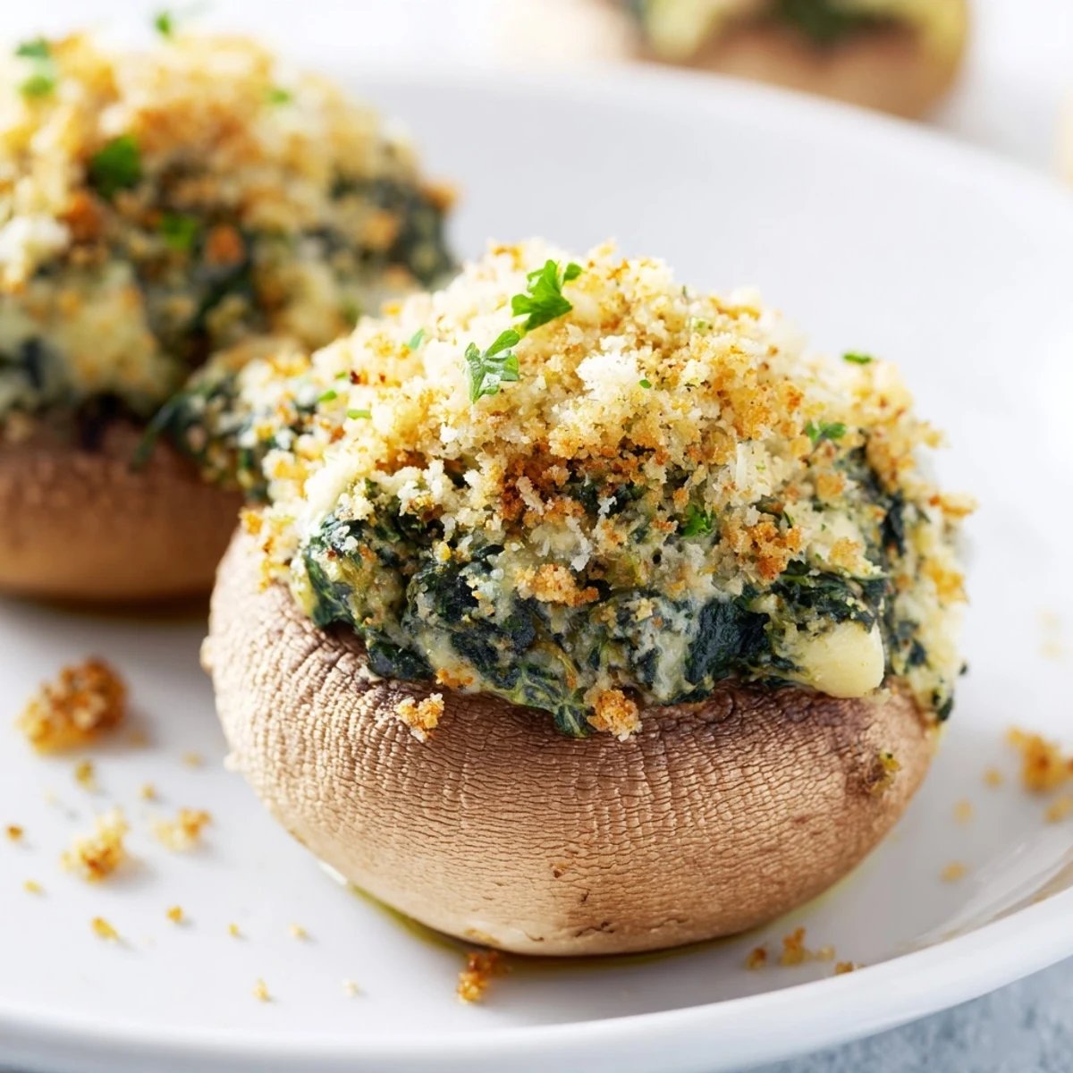 Appetizer plate with warm Vegetarian Stuffed Mushrooms with Spinach and Cheese, garnished with fresh parsley.