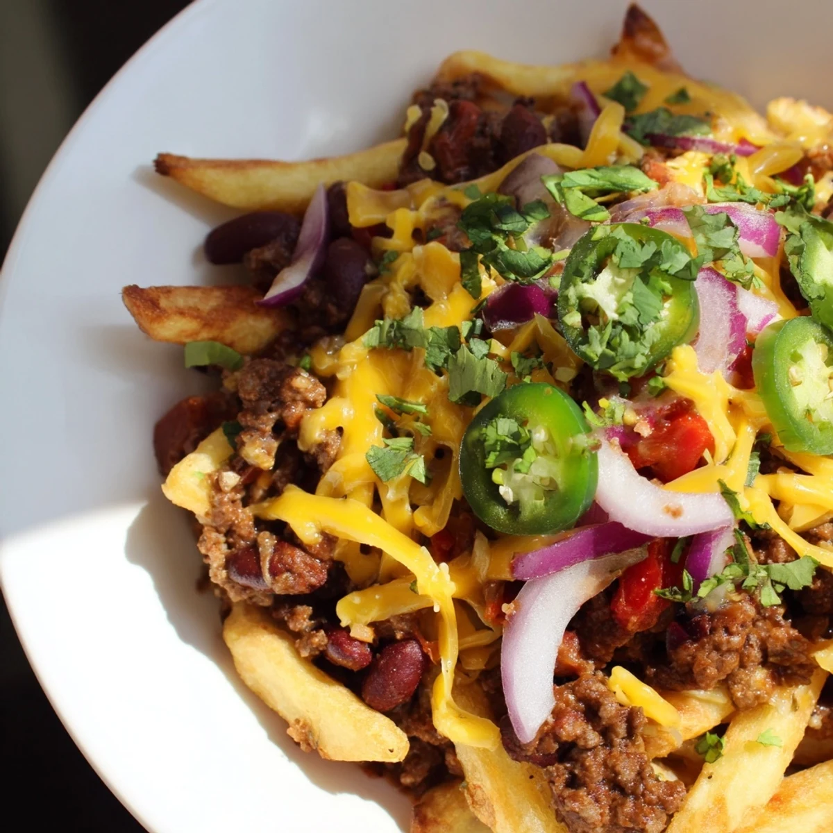 Hearty chili cheese fries topped with shredded cheddar, red onions, and fresh cilantro.