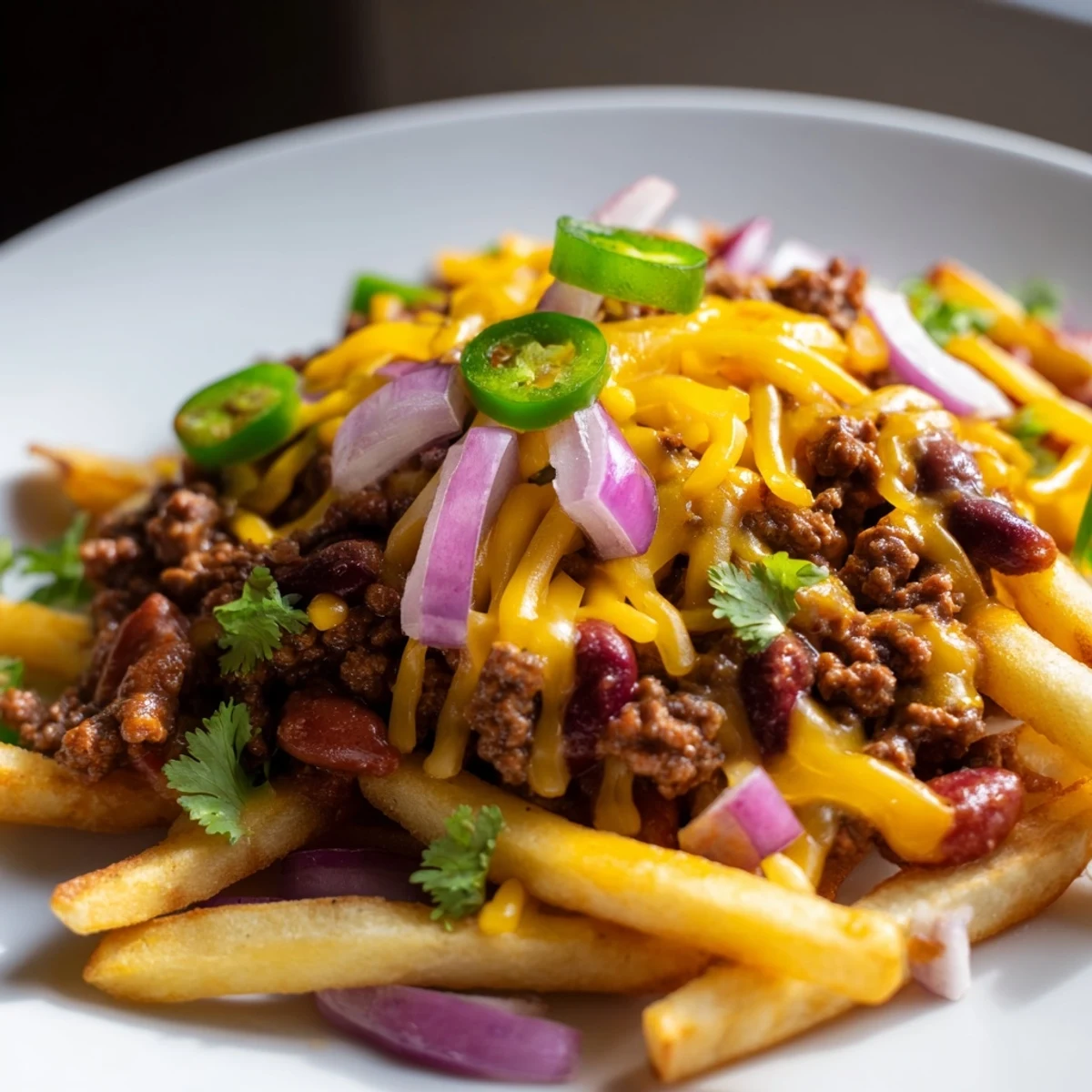 Craveworthy chili cheese fries with beef and onions, served hot from the oven.