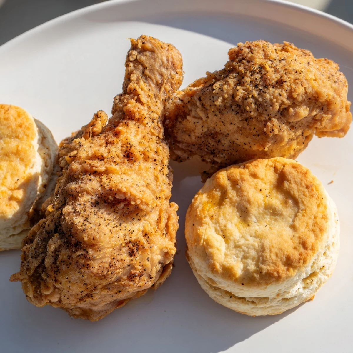 Golden-brown Southern Fried Chicken with Buttermilk Biscuits on a rustic platter, steam rising from the juicy chicken.