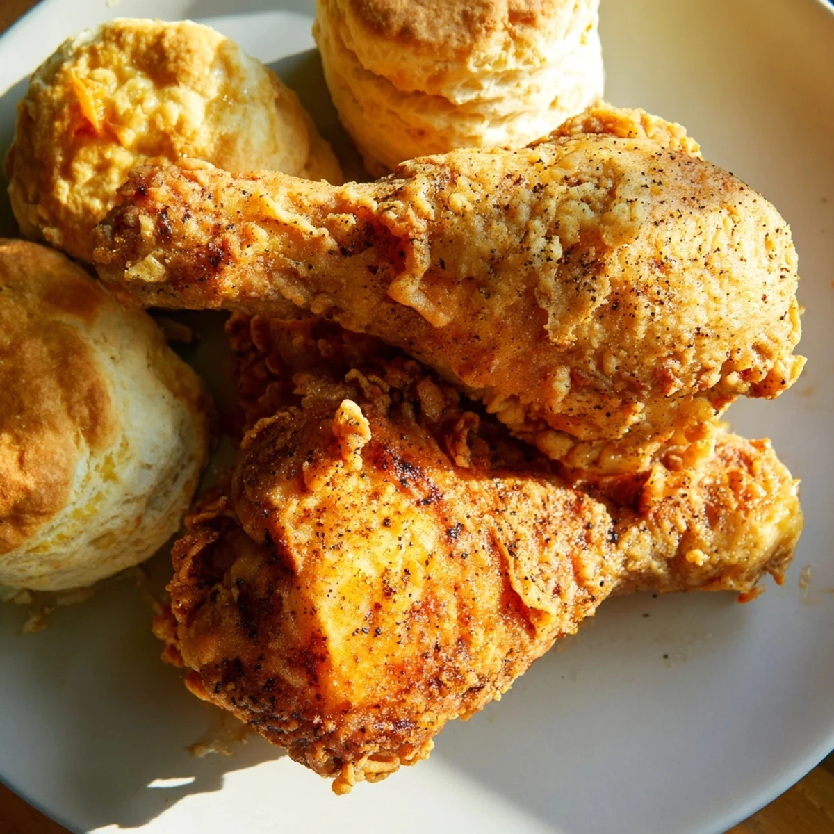 Savory Southern Fried Chicken with Buttermilk Biscuits served on a checkered tablecloth with a side of honey butter.
