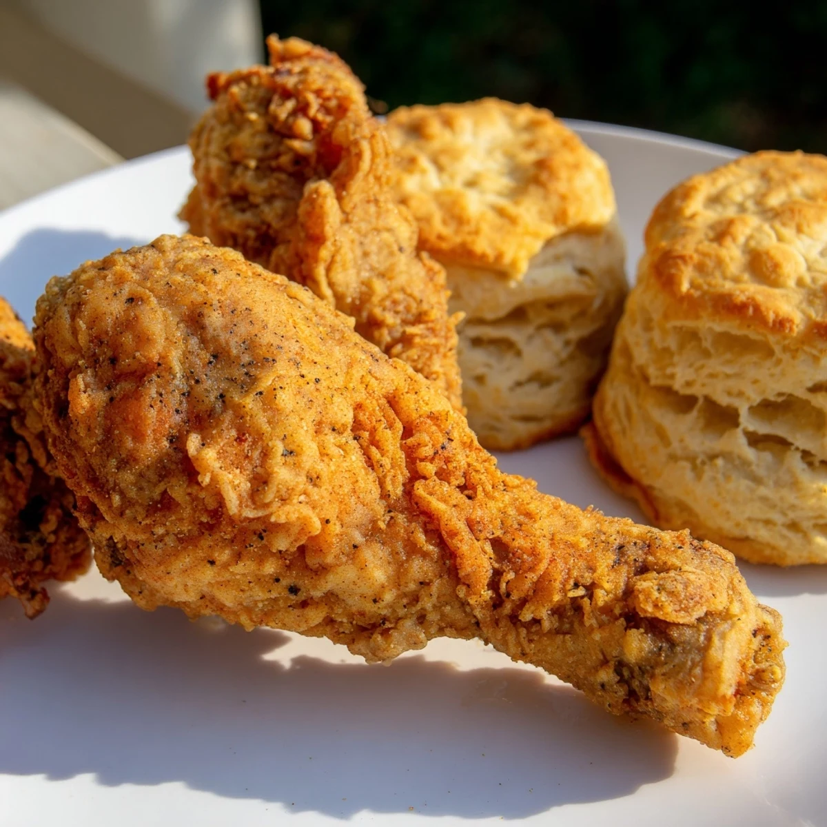 Close-up of crispy Southern Fried Chicken with Buttermilk Biscuits, revealing flaky layers and a golden crunchy crust.