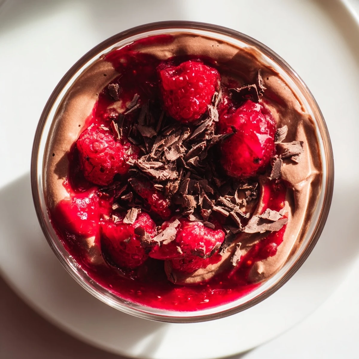 A silky dark chocolate mousse topped with tangy raspberry coulis, perfect for a romantic dinner.