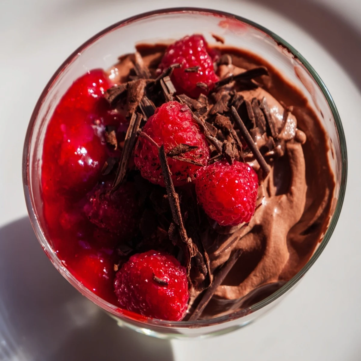 Airy Chocolate Mousse with Fresh Raspberry Coulis garnished with berries and mint in elegant glasses.