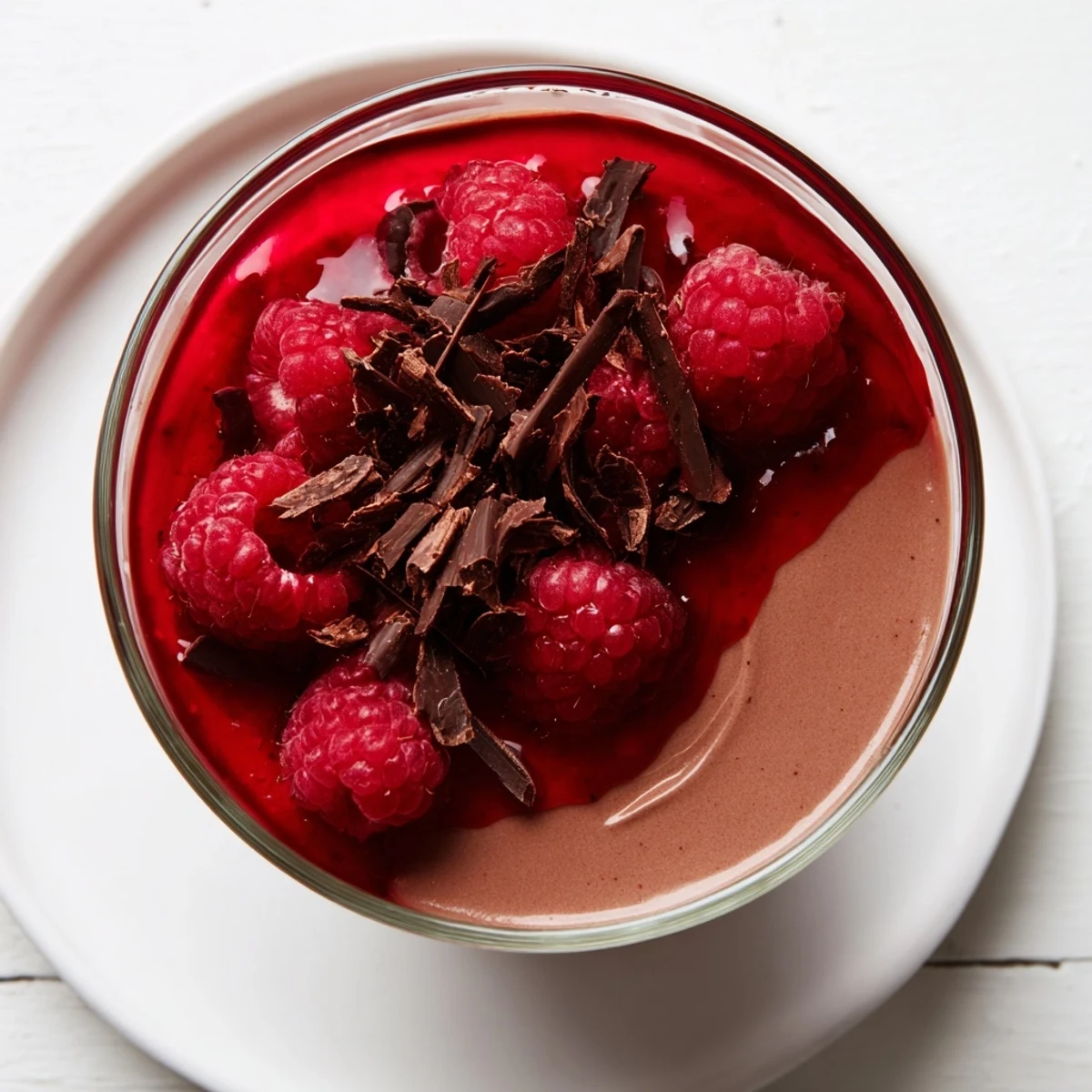Close-up of Chocolate Mousse with Fresh Raspberry Coulis, featuring chocolate shavings and a fresh raspberry.