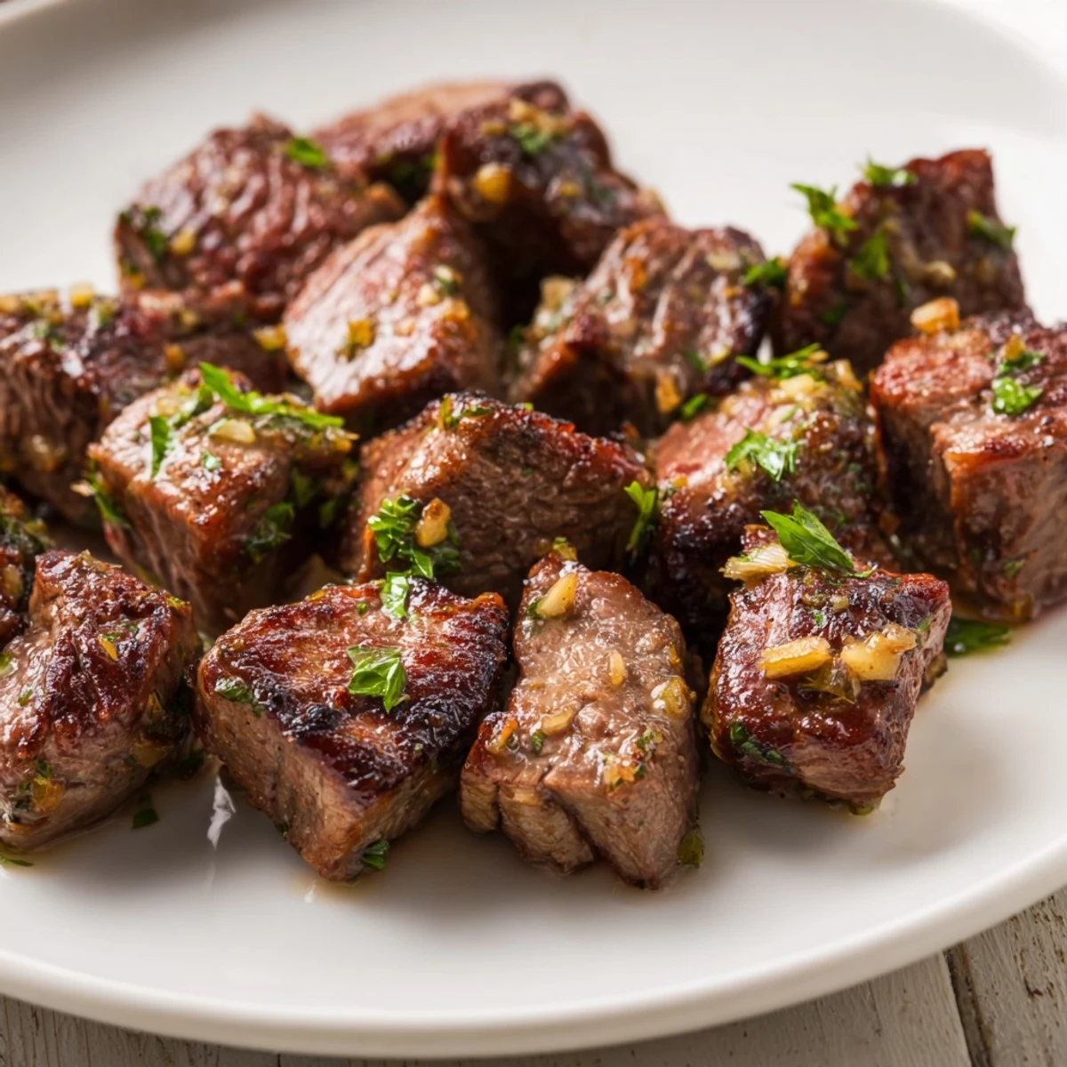 Tender Garlic Butter Steak Bites arranged on a white platter next to a ramekin of zesty horseradish cream and a sprinkle of parsley. 