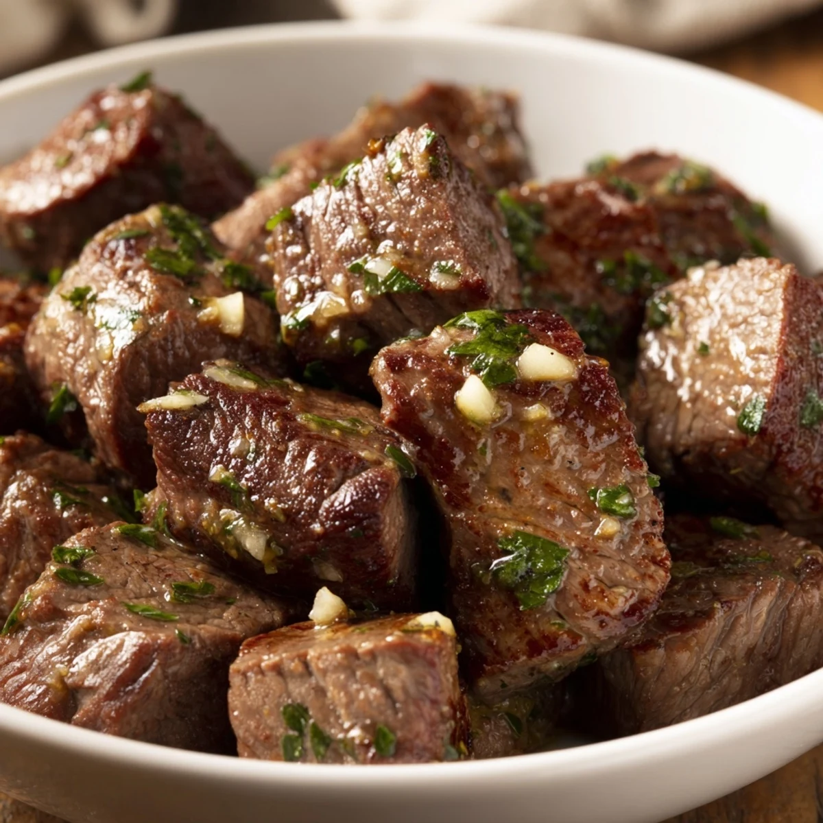 Juicy Garlic Butter Steak Bites with a side of creamy dipping sauce, perfect for a quick steak appetizer or weeknight dinner.