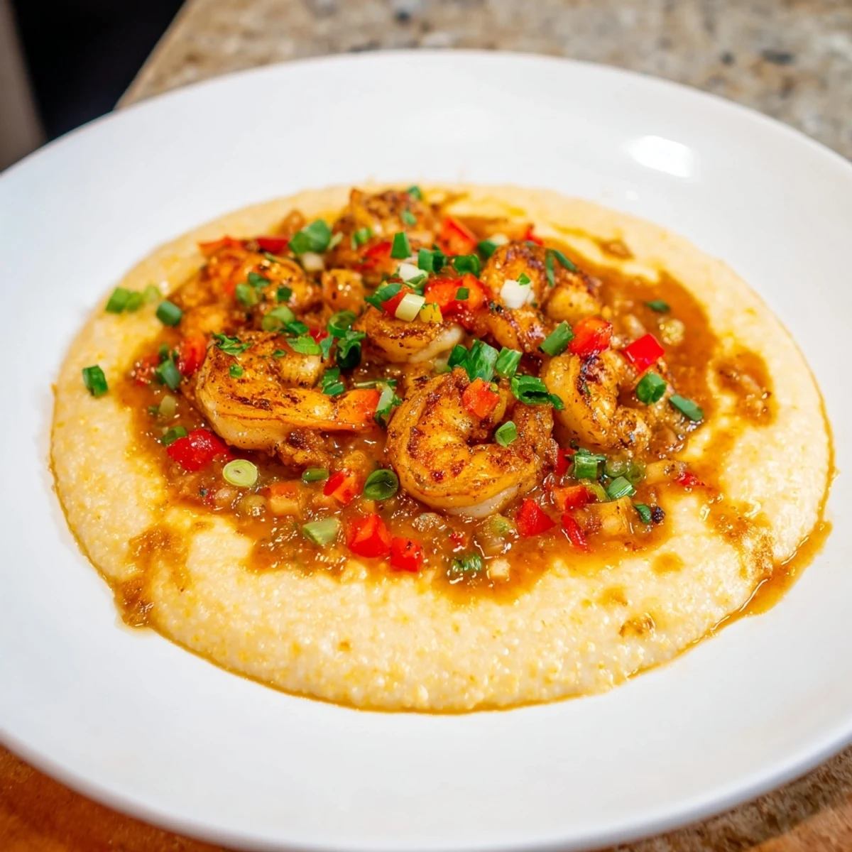 Golden, creamy cheddar grits in a bowl are topped with plump, Cajun-spiced shrimp and a savory pan sauce.